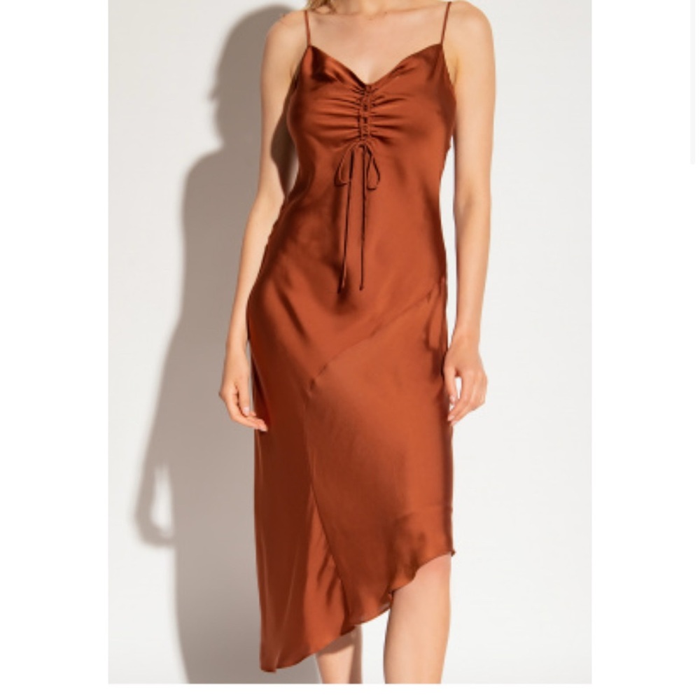 Allsaints Alexia Rust Brown Asymmetrical Slip Dress